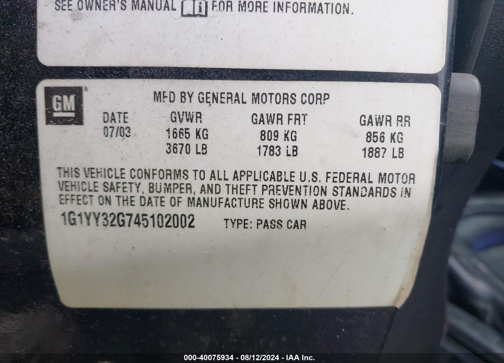 2004 CHEVROLET CORVETTE VIN: 1G1YY32G745102002