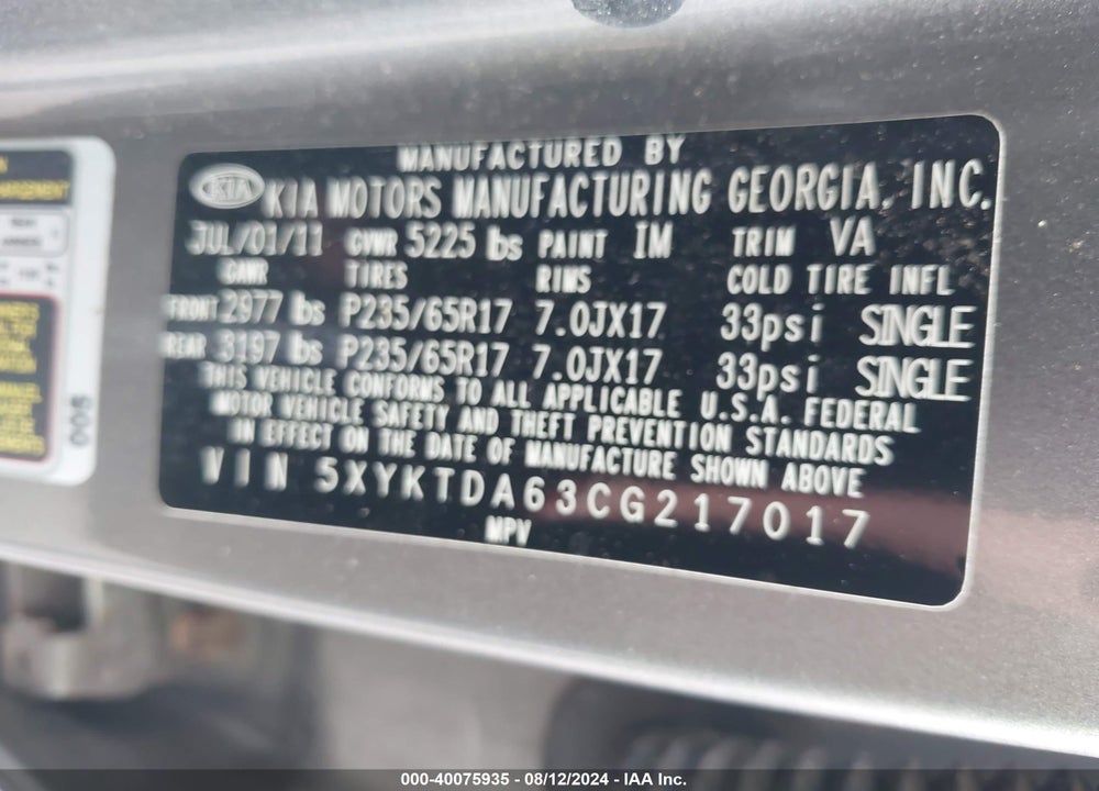2012 KIA SORENTO LX VIN: 5XYKTDA63CG217017
