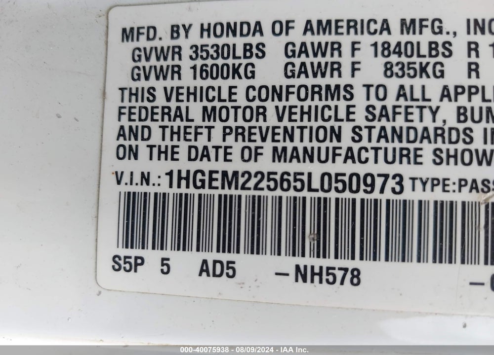 2005 HONDA CIVIC LX VIN: 1HGEM22565L050973
