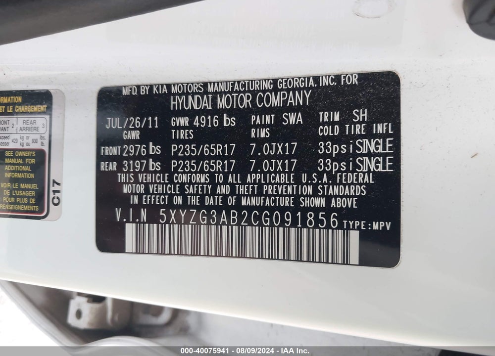 2012 HYUNDAI SANTA FE GLS VIN: 5XYZG3AB2CG091856