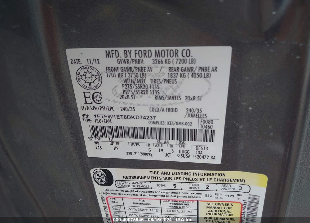 2013 FORD F-150 LARIAT VIN: 1FTFW1ET8DKD74237