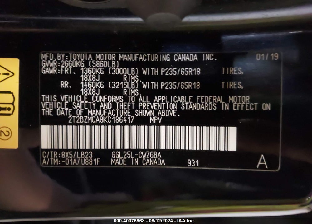 2019 LEXUS RX 350 VIN: 2T2BZMCA8KC186417