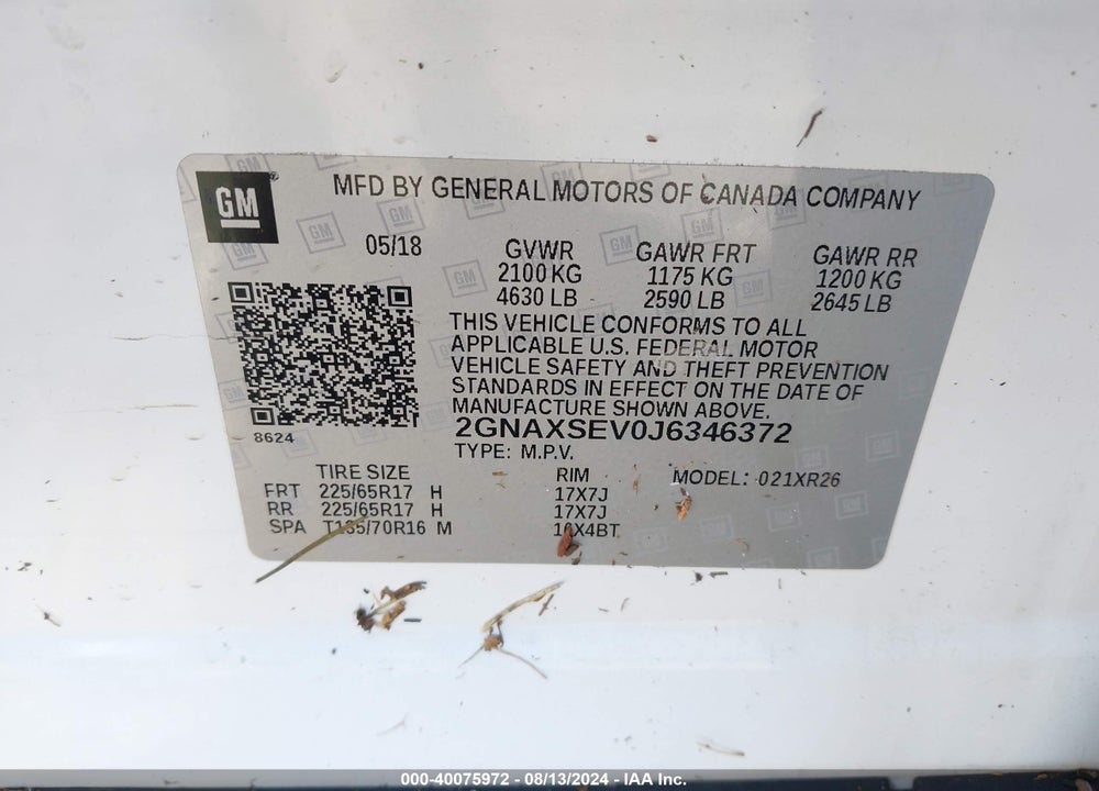 2018 CHEVROLET EQUINOX LT VIN: 2GNAXSEV0J6346372