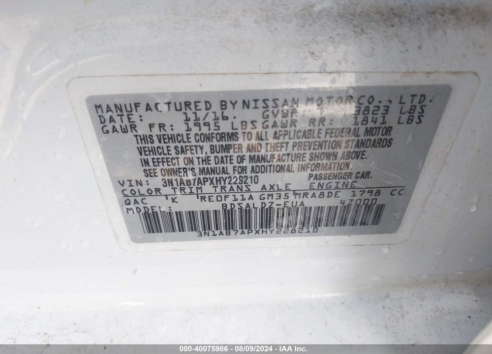 2017 NISSAN SENTRA VIN: 3N1AB7APXHY228210