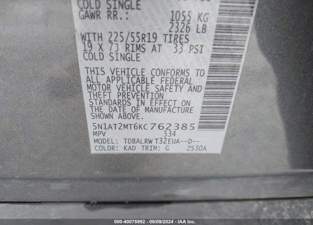 2019 NISSAN ROGUE SL VIN: 5N1AT2MT6KC762385