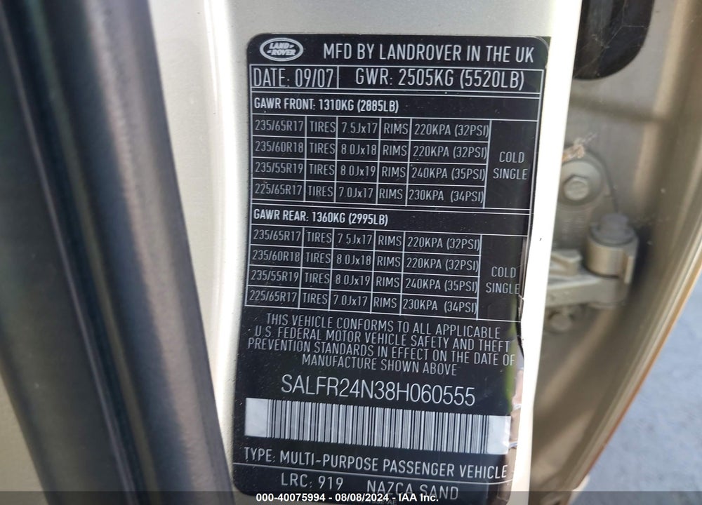 2008 LAND ROVER LR2 HSE VIN: SALFR24N38H060555