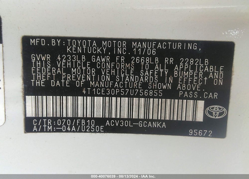2007 TOYOTA CAMRY SOLARA SE VIN: 4T1CE30P57U756855