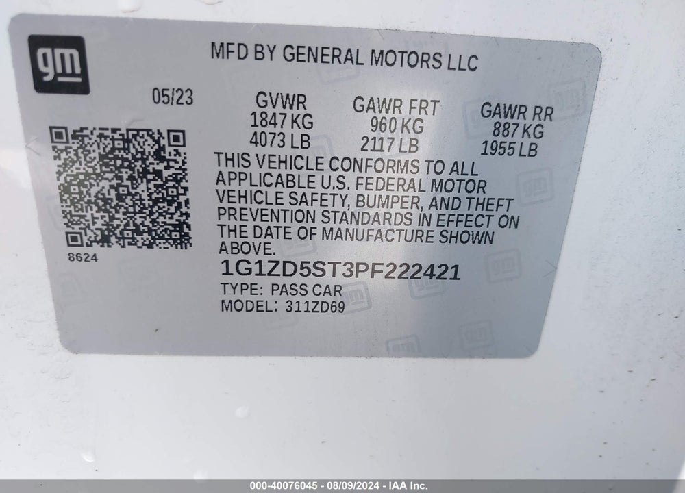 2023 CHEVROLET MALIBU FWD 1LT VIN: 1G1ZD5ST3PF222421