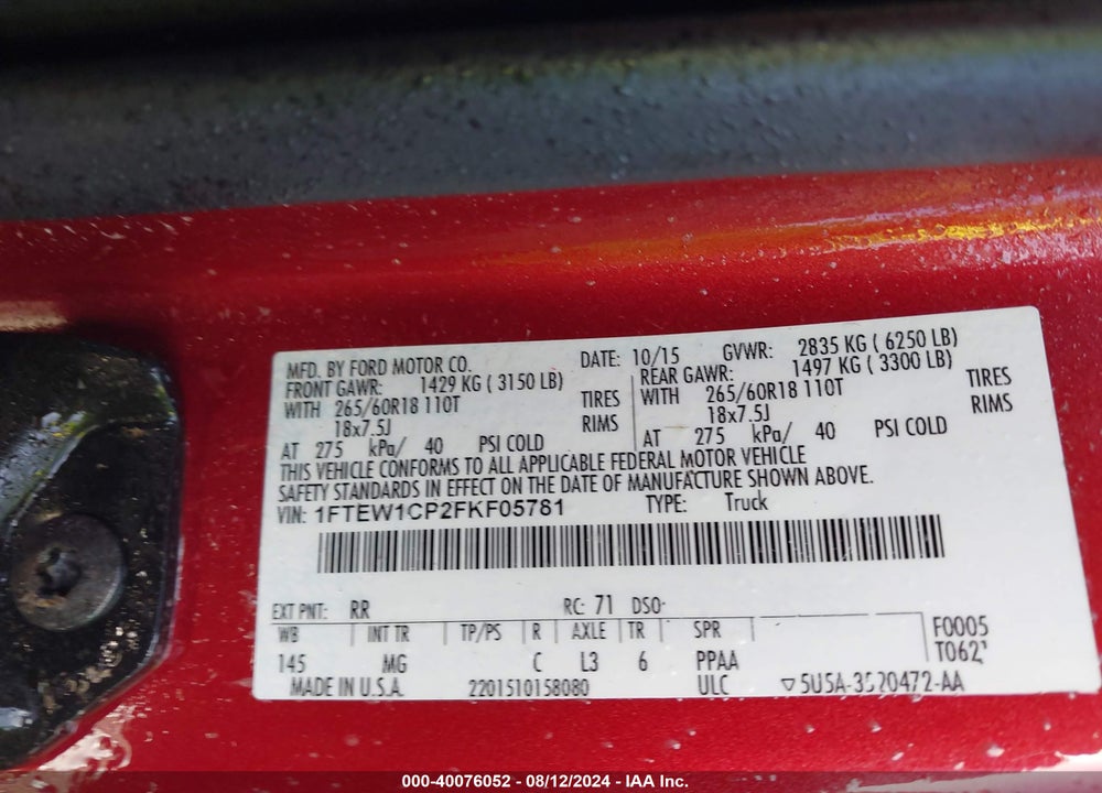 2015 FORD F-150 XLT VIN: 1FTEW1CP2FKF05781