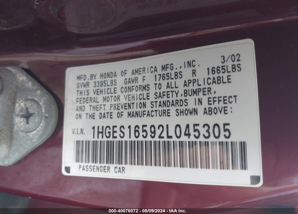 2002 HONDA CIVIC LX VIN: 1HGES16592L045305