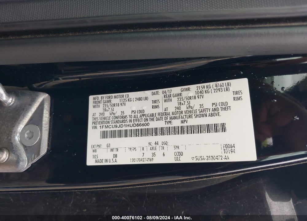 2017 FORD ESCAPE TITANIUM VIN: 1FMCU9JD1HUD86600