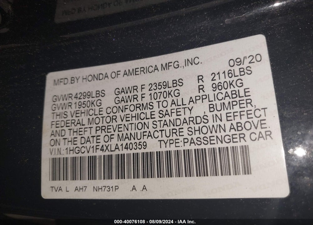 2020 HONDA ACCORD EX VIN: 1HGCV1F4XLA140359