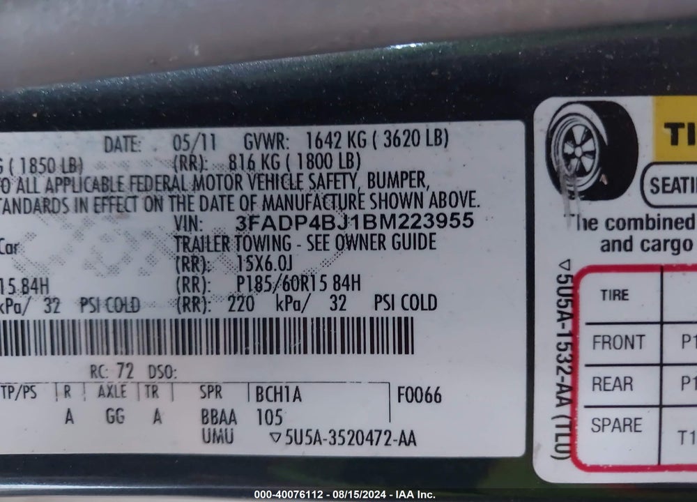 2011 FORD FIESTA SE VIN: 3FADP4BJ1BM223955