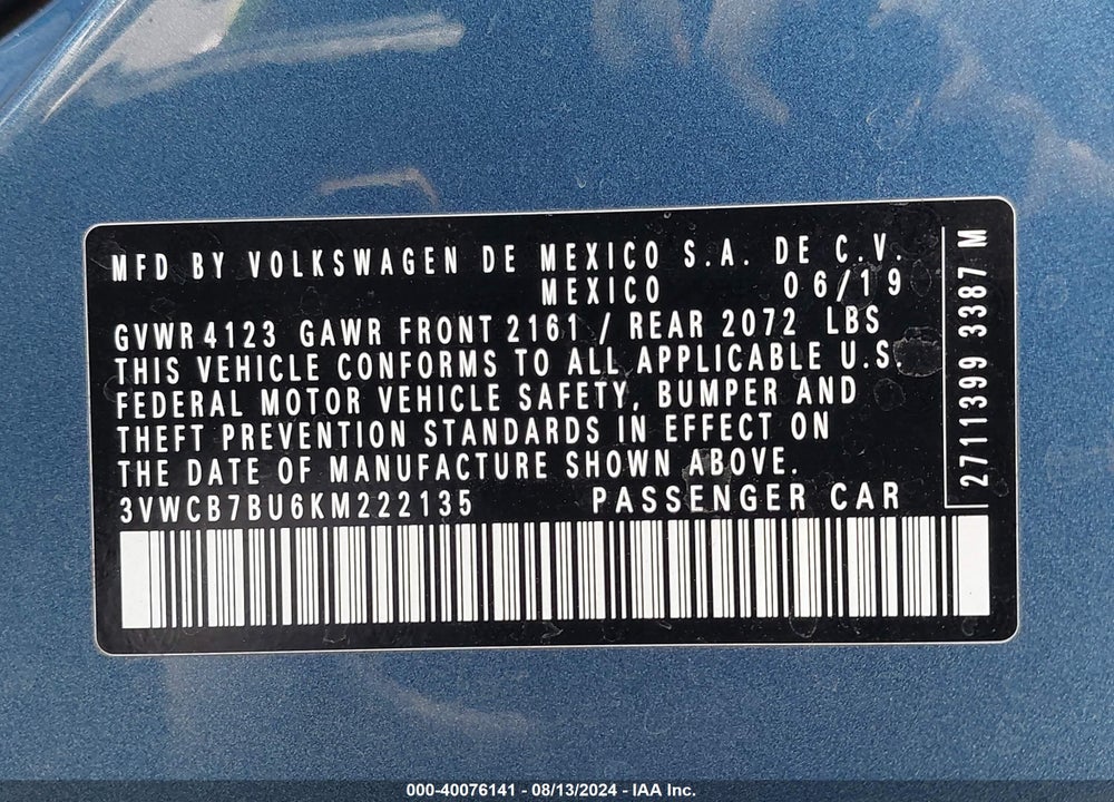2019 VOLKSWAGEN JETTA 1.4T R-LINE/1.4T S/1.4T SE VIN: 3VWCB7BU6KM222135
