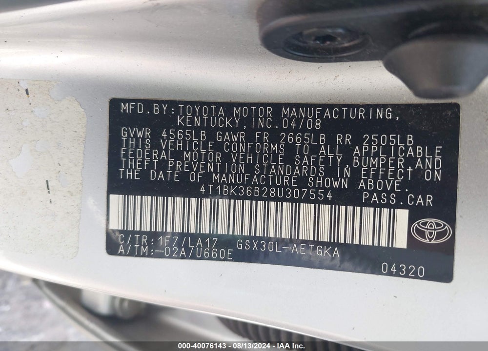 2008 TOYOTA AVALON XLS VIN: 4T1BK36B28U307554