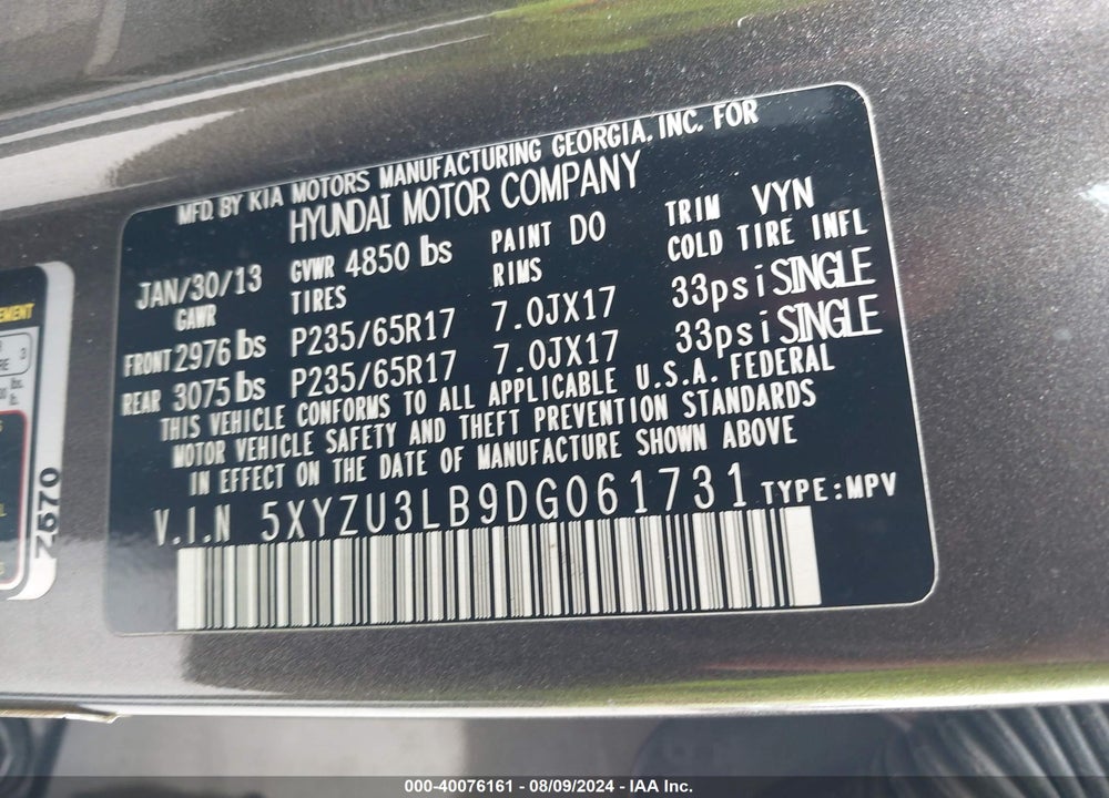 2013 HYUNDAI SANTA FE SPORT VIN: 5XYZU3LB9DG061731