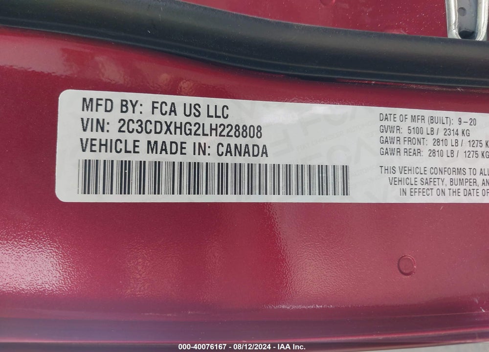 2020 DODGE CHARGER GT RWD VIN: 2C3CDXHG2LH228808