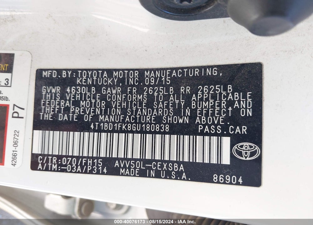 2016 TOYOTA CAMRY HYBRID SE VIN: 4T1BD1FK8GU180838