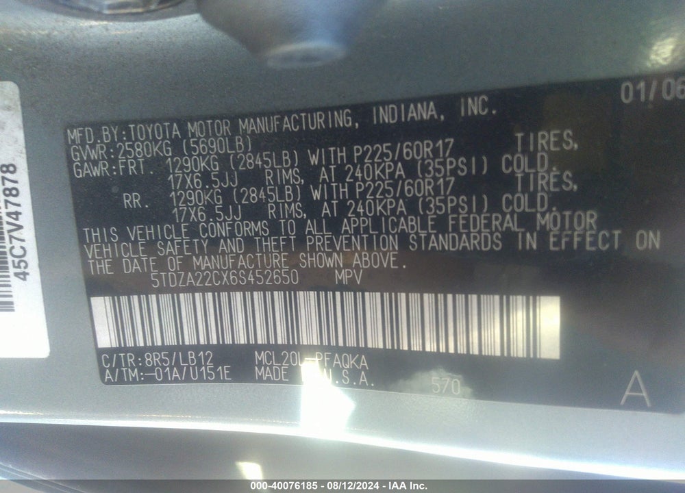2006 TOYOTA SIENNA XLE VIN: 5TDZA22CX6S452650