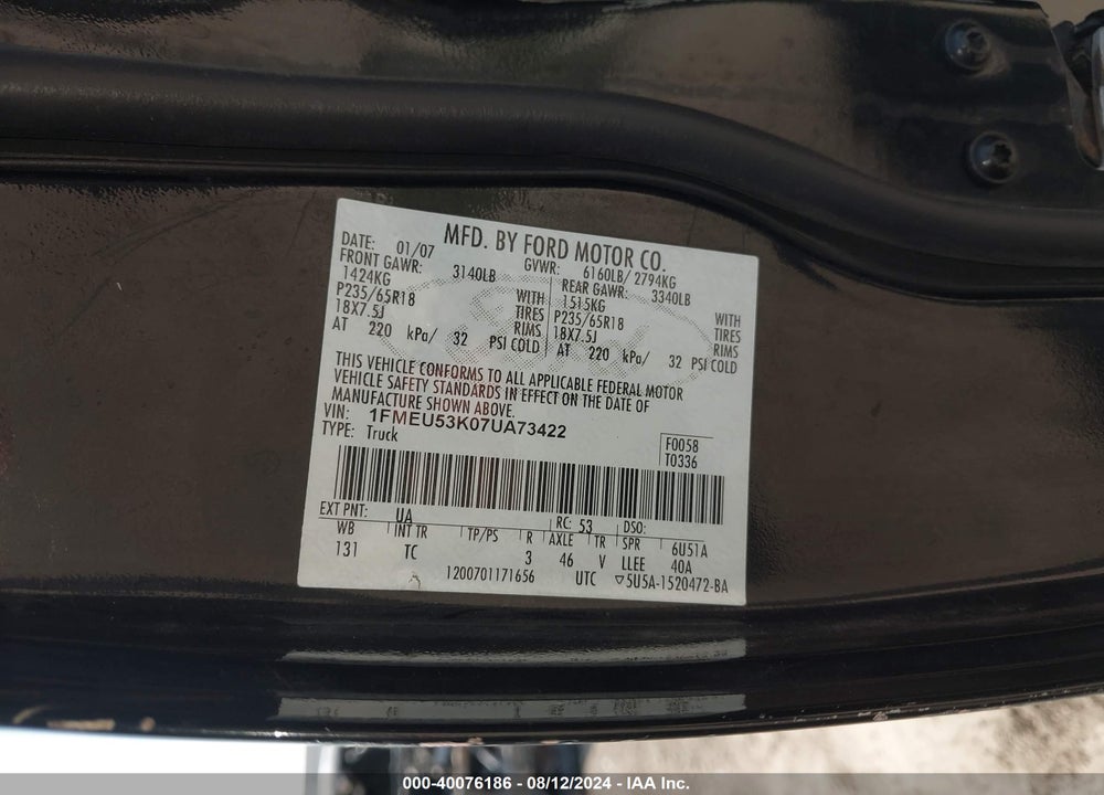2007 FORD EXPLORER SPORT TRAC LIMITED VIN: 1FMEU53K07UA73422