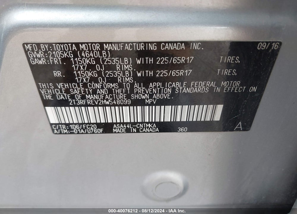 2017 TOYOTA RAV4 XLE VIN: 2T3RFREV2HW548099