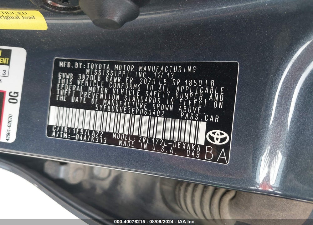 2014 TOYOTA COROLLA LE PREMIUM VIN: 5YFBURHE1EP060402
