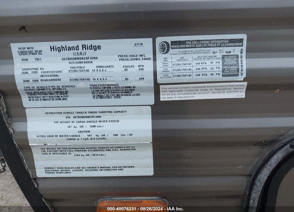 2019 HIGHLAND RIDGE MESA RIDGE 26BH VIN: 58TBH0BN9K26F3094