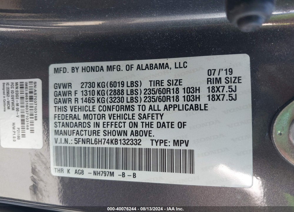 2019 HONDA ODYSSEY EX-L VIN: 5FNRL6H74KB132332