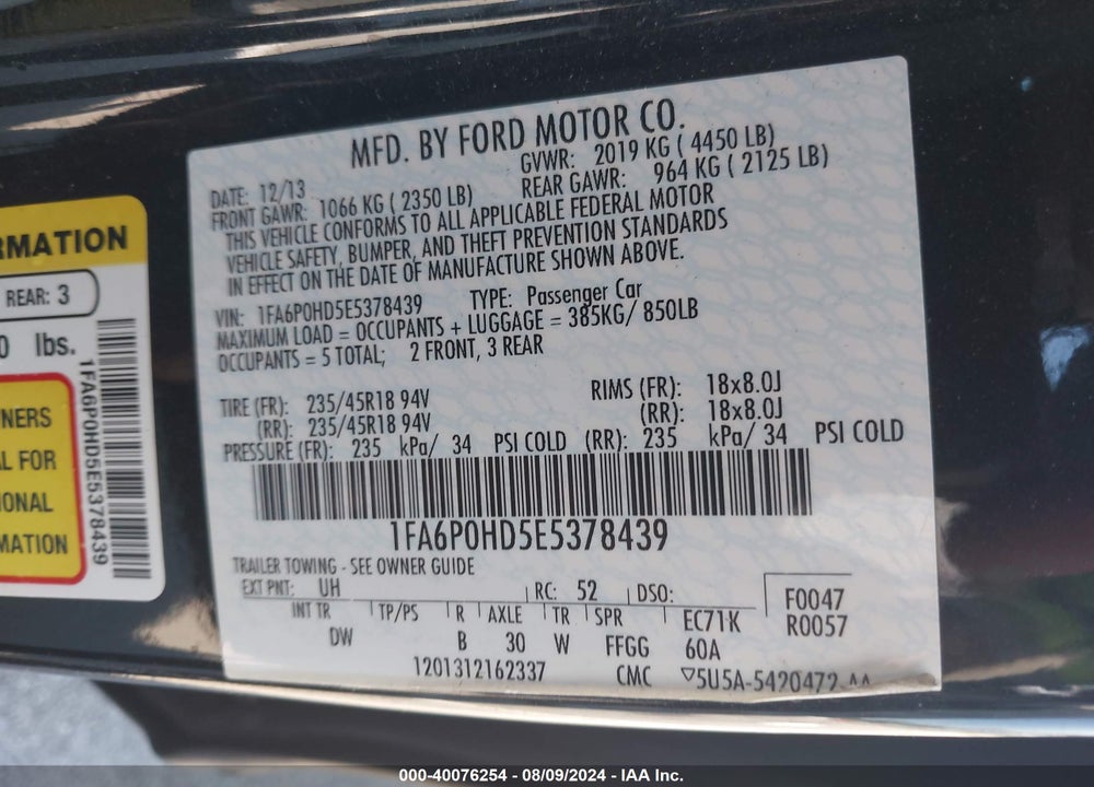 2014 FORD FUSION SE VIN: 1FA6P0HD5E5378439