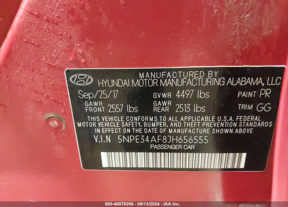 2018 HYUNDAI SONATA SEL VIN: 5NPE34AF8JH656555