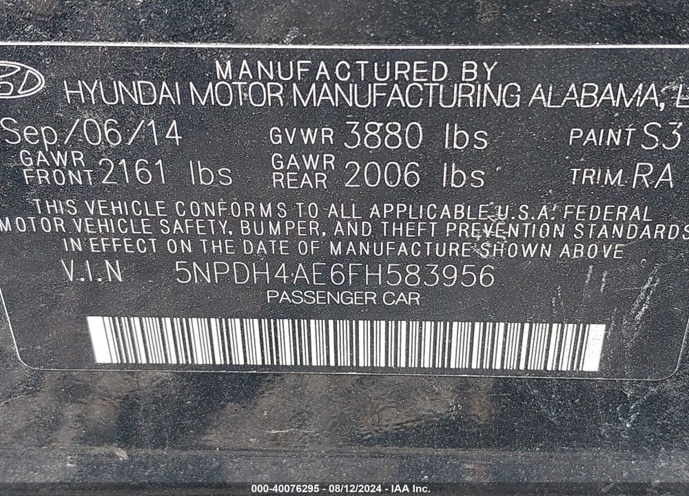 2015 HYUNDAI ELANTRA SE VIN: 5NPDH4AE6FH583956