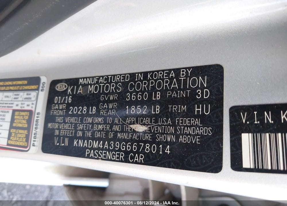 2016 KIA RIO LX VIN: KNADM4A39G6678014