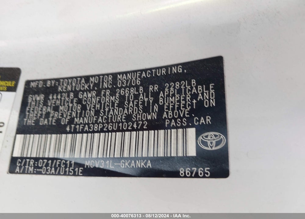2006 TOYOTA CAMRY SOLARA SE VIN: 4T1FA38P26U102472