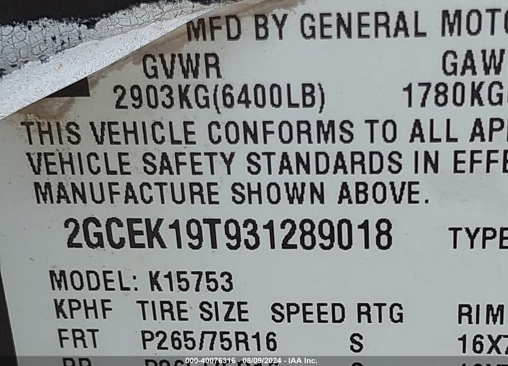 2003 CHEVROLET SILVERADO 1500 LT VIN: 2GCEK19T931289018