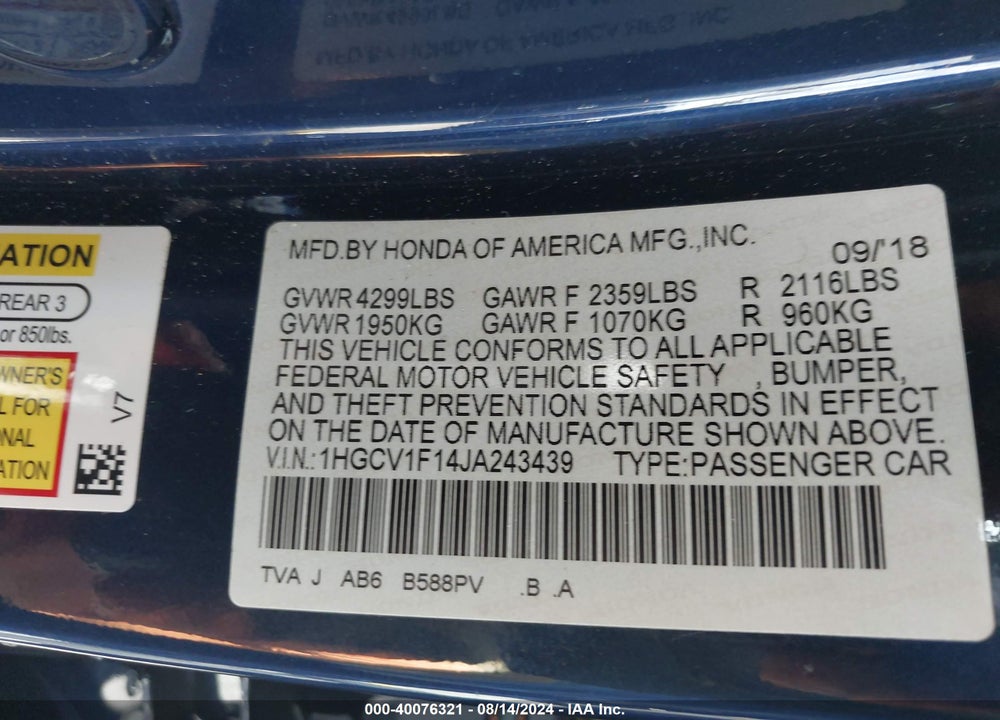 2018 HONDA ACCORD VIN: 1HGCV1F14JA243439