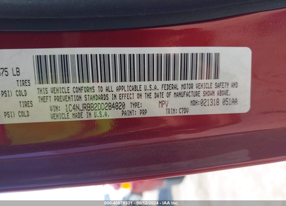 2013 JEEP PATRIOT SPORT VIN: 1C4NJRBB2DD284820