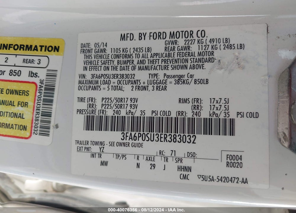 2014 FORD FUSION ENERGI TITANIUM VIN: 3FA6P0SU3ER383032