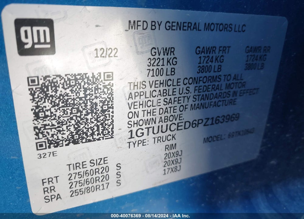 2023 GMC SIERRA 1500 4WD SHORT BOX ELEVATION WITH 3SB VIN: 1GTUUCED6PZ163969