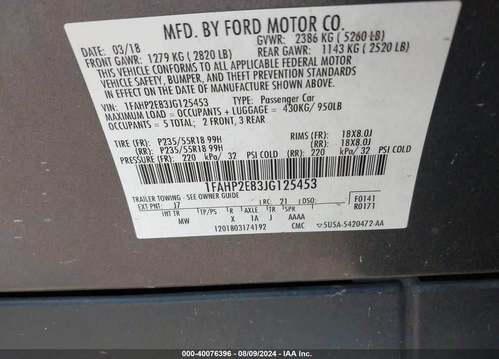 2018 FORD TAURUS SEL VIN: 1FAHP2E83JG125453