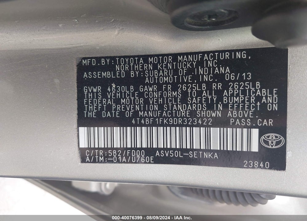 2013 TOYOTA CAMRY LE VIN: 4T4BF1FK9DR323422