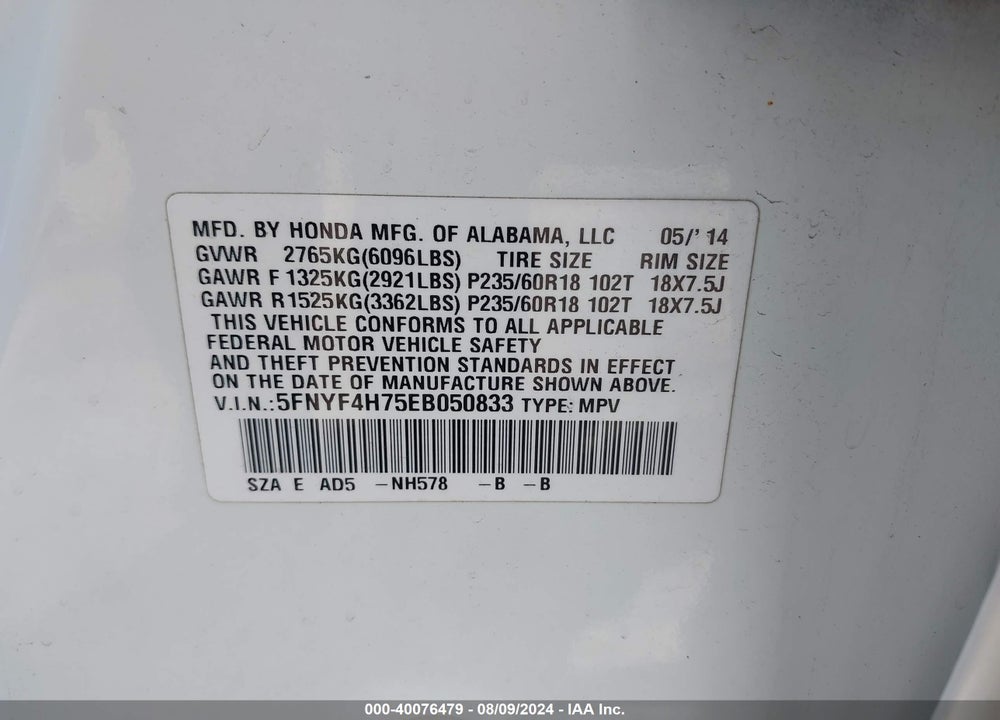 2014 HONDA PILOT EX-L VIN: 5FNYF4H75EB050833