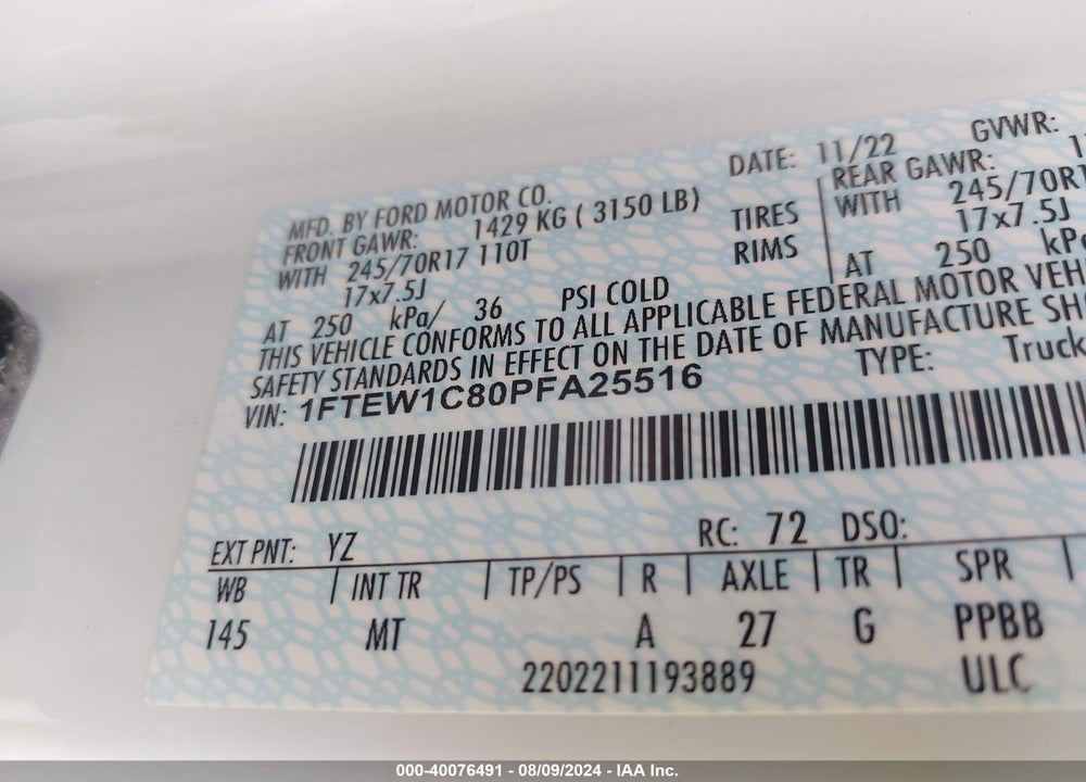 2023 FORD F-150 XLT VIN: 1FTEW1C80PFA25516