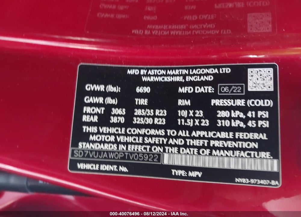 2023 ASTON MARTIN DBX VIN: SD7VUJAW0PTV05922