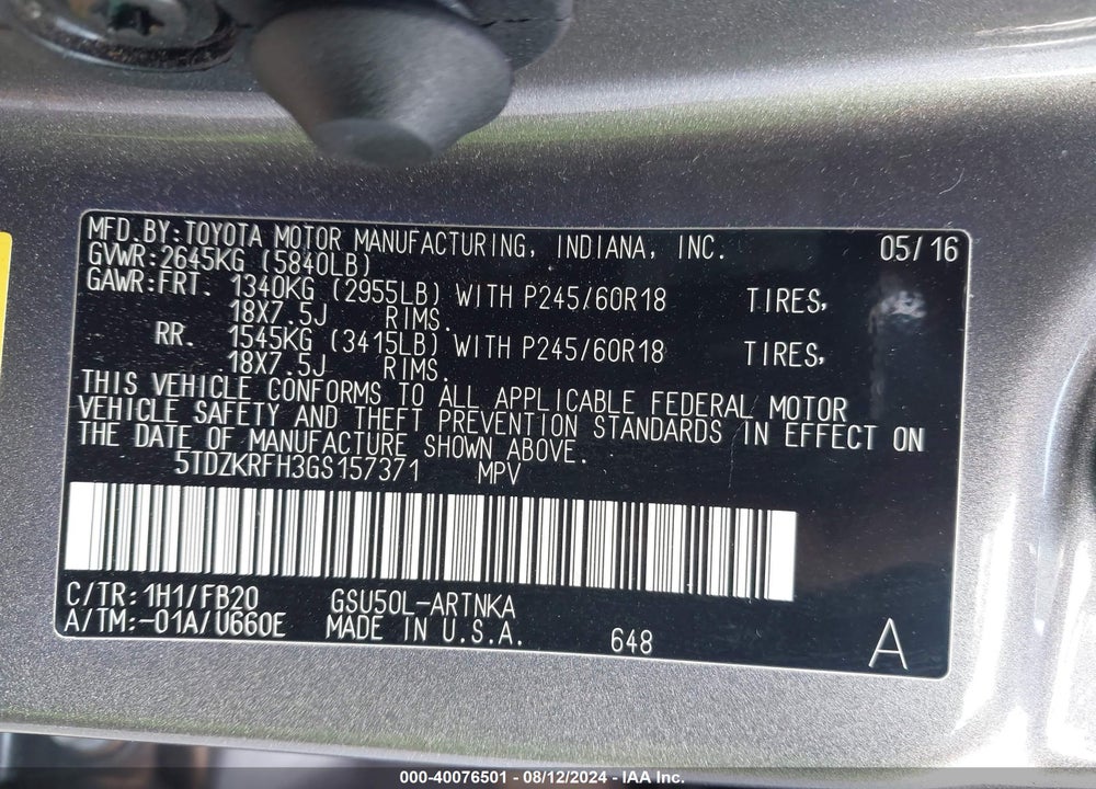 2016 TOYOTA HIGHLANDER LE V6 VIN: 5TDZKRFH3GS157371