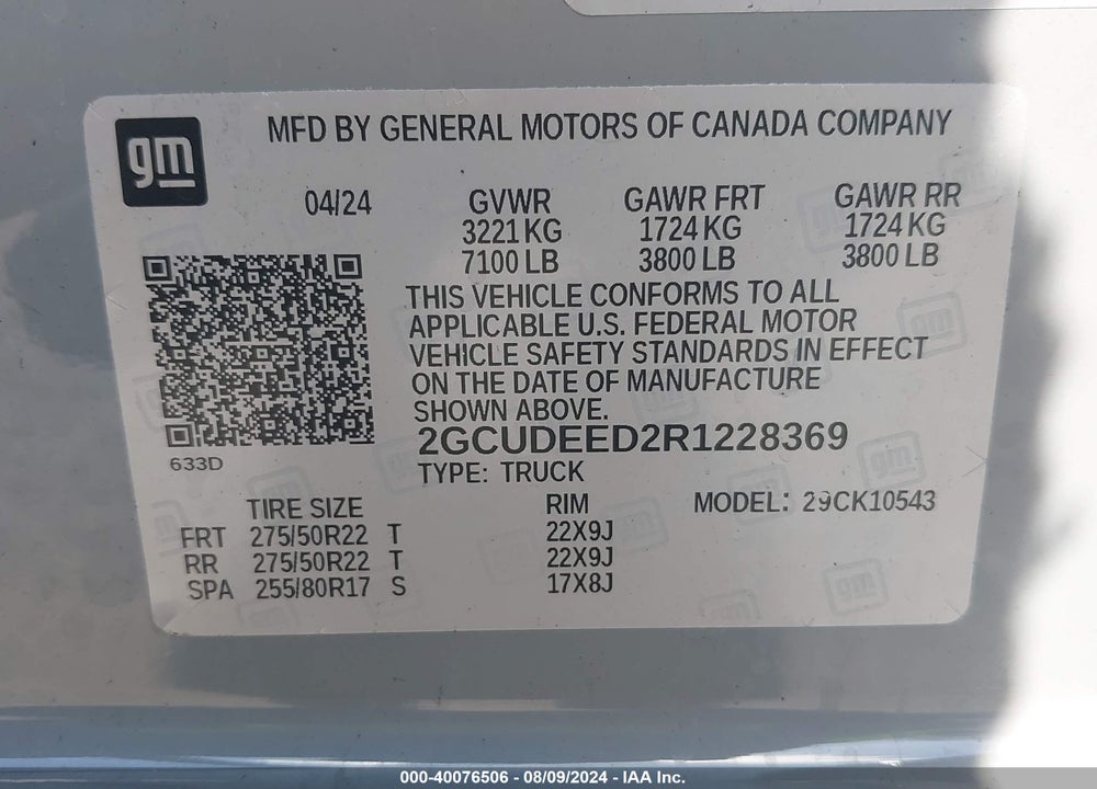 2024 CHEVROLET SILVERADO 1500 VIN: 2GCUDEED2R1228369