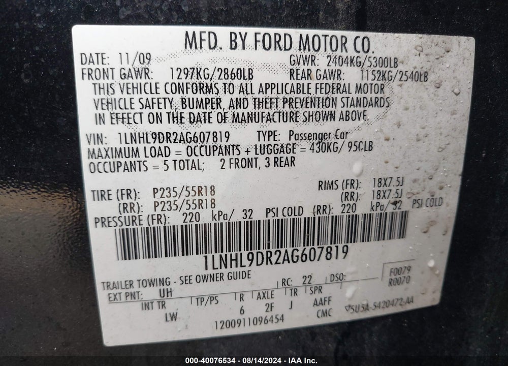 2010 LINCOLN MKS VIN: 1LNHL9DR2AG607819