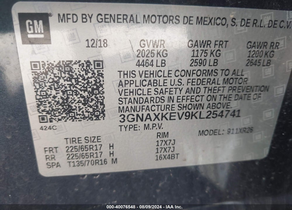 2019 CHEVROLET EQUINOX LT VIN: 3GNAXKEV9KL254741
