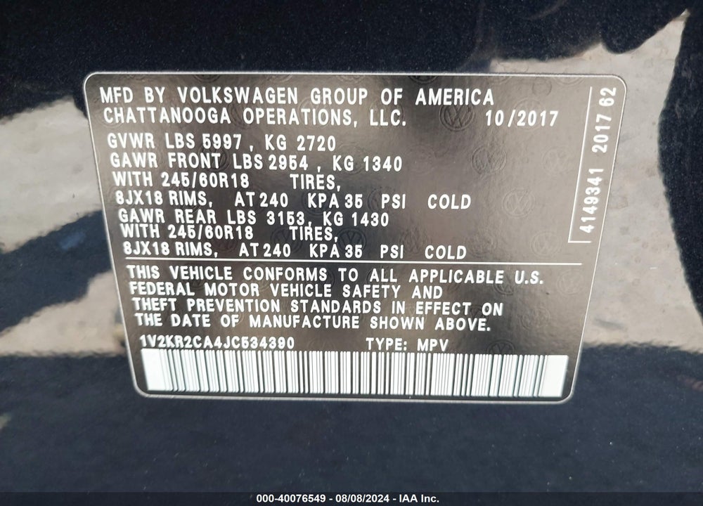 2018 VOLKSWAGEN ATLAS 3.6L V6 SE VIN: 1V2KR2CA4JC534390