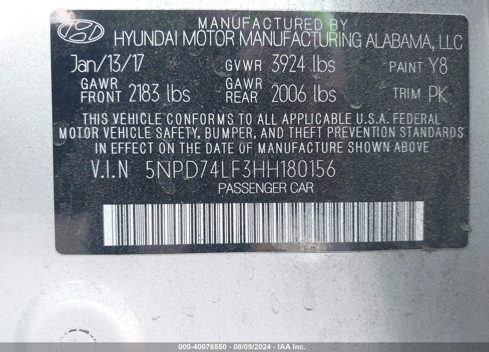 2017 HYUNDAI ELANTRA SE VIN: 5NPD74LF3HH180156
