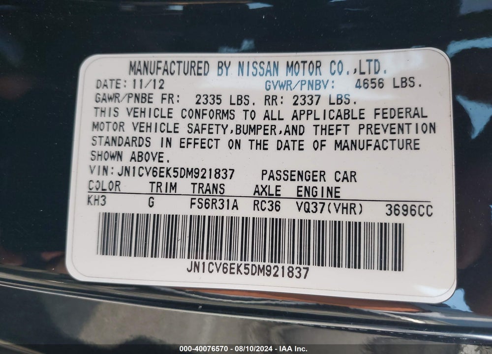 2013 INFINITI G37 SPORT VIN: JN1CV6EK5DM921837